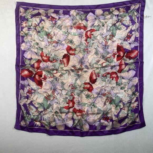 No Brand Accessories - The Luxury of Silk 100% Silk Scarf Made in Japan Butterfly Print Purple Border